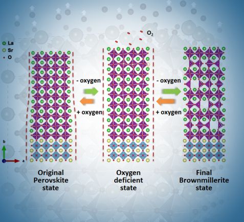 The structure of lanthanum strontium manganite changes in relation to its oxygen content.
